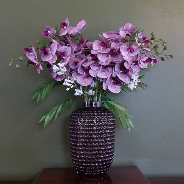 Leaf 80Cm Amethyst Vase Artificial Orchids And Foliage, Purple