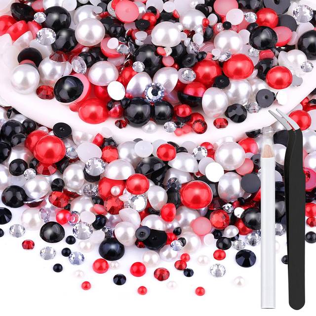 80g Flatback Pearls and Rhinestones for Crafting  Red White Black Mixed Size 3-10mm Resin Rhinestones and Half Pearls for Bedazzling  Nail Art and Dec