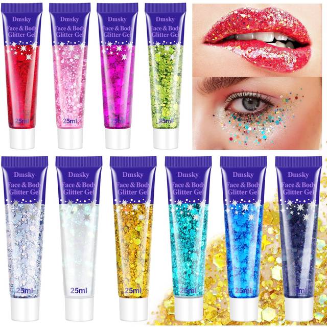 Body Glitter Hair Glitter Face Paint Sparkles Makeup 10 Colors Glitter Gel Singer Concerts Disco Rave Festival Valentines Day Accessories Chunky Sequi