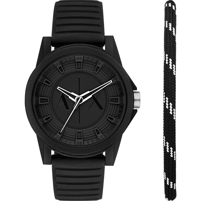 Armani Exchange Three-Hand Black Silicone Watch and Bracelet Set, Black, Men