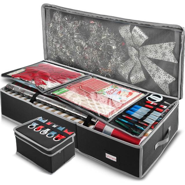 Hearth & Harbor Wrapping Paper Storage Container with Ribbon Storage Organizer - Christmas Storage Bag with Extra Interior Pockets - Gift Wrapping Org