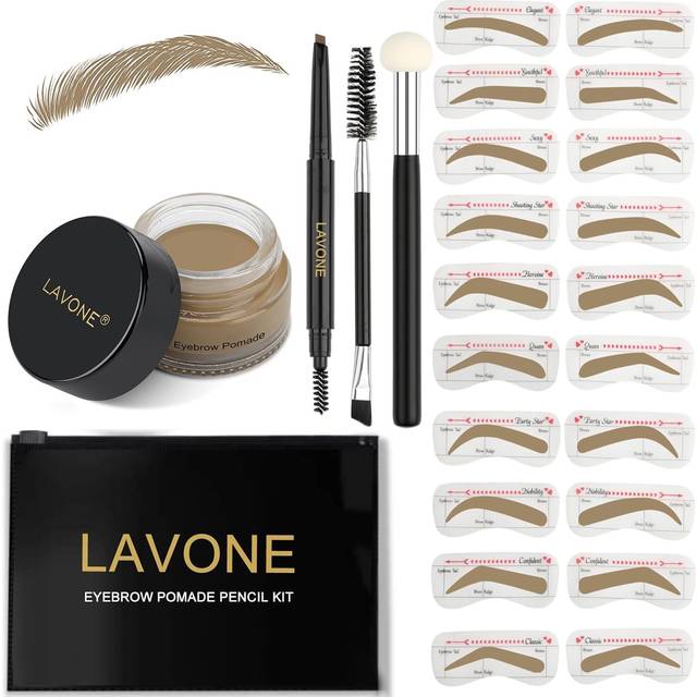 LAVONE Eyebrow Stamp Stencil Kit  Brow Stamp Trio Kit with Waterproof Eyebrow Pencil  Eyebrow Pomade  20 Eyebrow Stencils  Dual-ended Eyebrow Brush an
