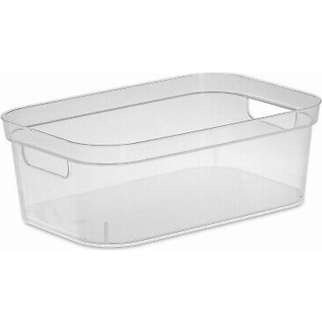Sterilite 4.25 x 8 x 12.25 Inch Small Modern Storage Bin with Comfortable Carry Through Handles and Banded Rim for Household Organization  Clear