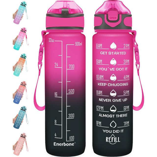 Enerbone 32 oz Water Bottle with Times to Drink and Straw  Motivational Drinking Water Bottles with Carrying Strap  Leakproof BPA & Toxic Free  Ensure