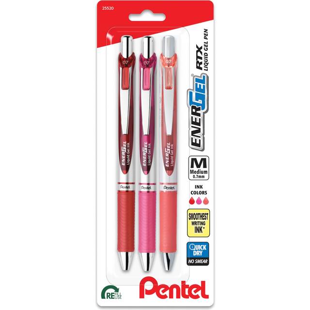 Pentel EnerGel RTX Retractable Liquid Gel Pen  0.7mm  Journaling Hue  Red  Pink and Coral Ink  Pack of 3 Pens BL77RBJBP3M
