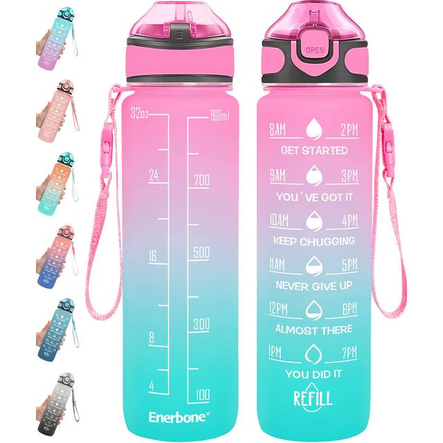 Enerbone 32 oz Water Bottle with Times to Drink and Straw  Motivational Drinking Water Bottles with Carrying Strap  Leakproof BPA & Toxic Free  Ensure