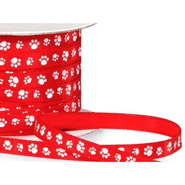 "Single Faced Satin Paw Print Ribbon 1/4"""" Red with White Paw Print - 5"