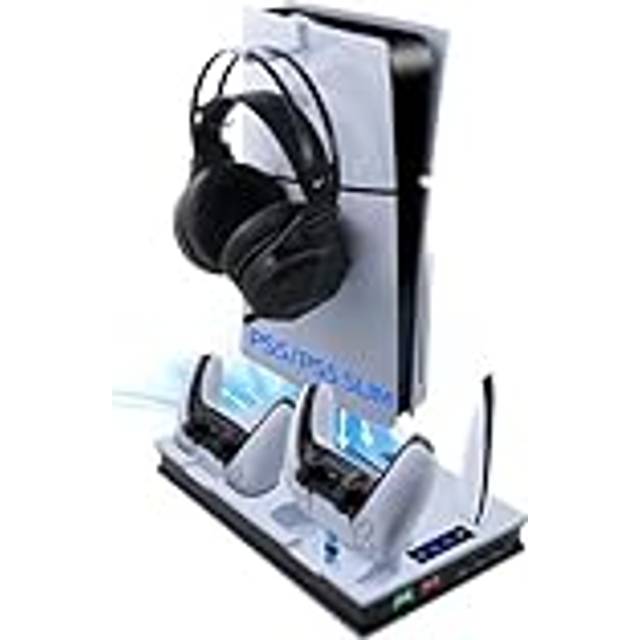Tolesum PS5/PS5 Pro/PS5 Slim-stativ med 3-växlad fläkt, headsetkrok, laddningsstativ för dubbla styrenheter med 3 USB-hubbar, multifunktionell LED-laddningsstation för PS5/PS5 Slim UHD/Digital Edition