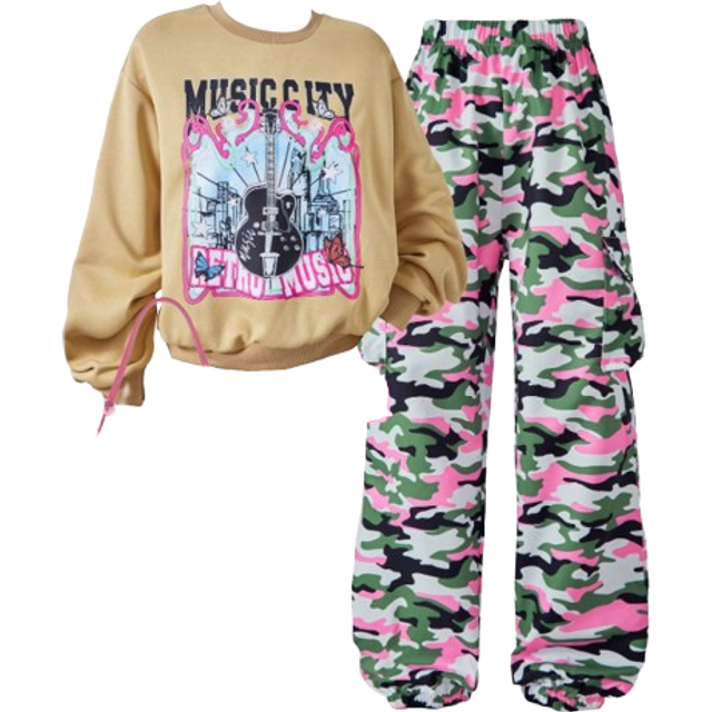 SHEIN 2pcs/Set Tween Girl Camouflage Pants And Guitar Letter Print Sweatshirt Set