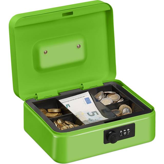 Cash Box, Coin Counter Tray Combination Lock Change & Notes, Steel, h x w x d: 8.5 x 20 x 17 cm, Green - Relaxdays