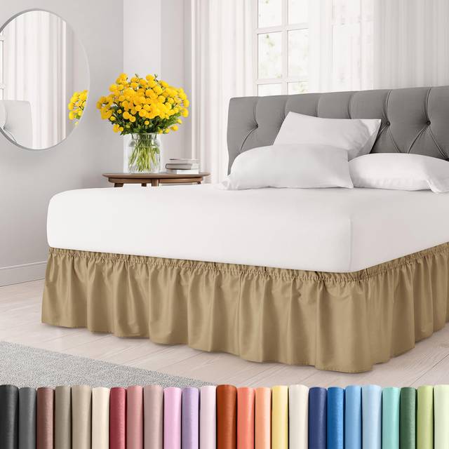 Wrap Around Dust Ruffle Bed Skirt - Beige - Bed Skirt for Full Size Beds with 24 in. Drop - Easy Fit Elastic Strap - Pleated Bedskirt with Brushed Fab