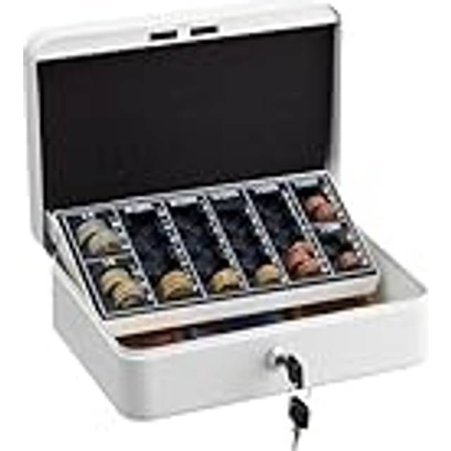 Relaxdays - Cash Box Lockable, Coin Counting Board, Note Compartments, 2 Keys, Steel & Plastic, hwd: 9 x 25 x 18 cm, White