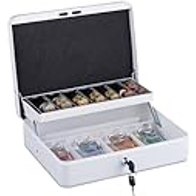 Cash box, lockable, iron, coin counting board & 4 note compartments, hbt: 8.5 x 30.5 x 24.5 cm, cash box, white - Relaxdays