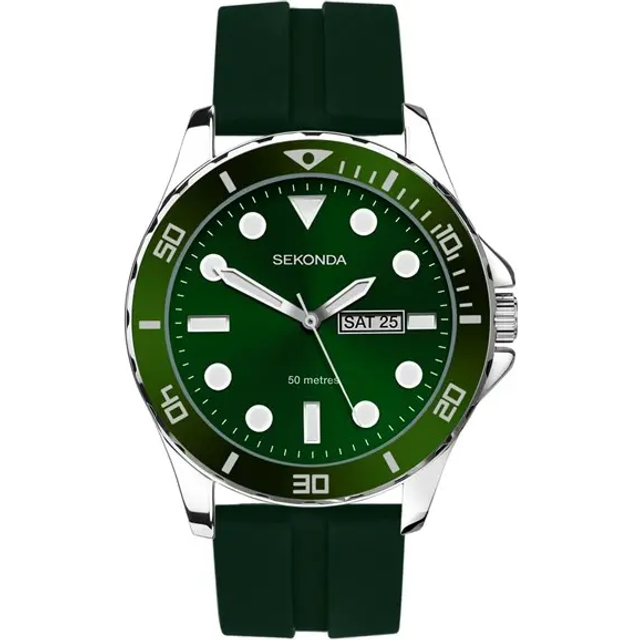 Sekonda Sekonda Balearic Men's Watch | Silver Alloy Case & Green Rubber Strap with Green Dial | 30119