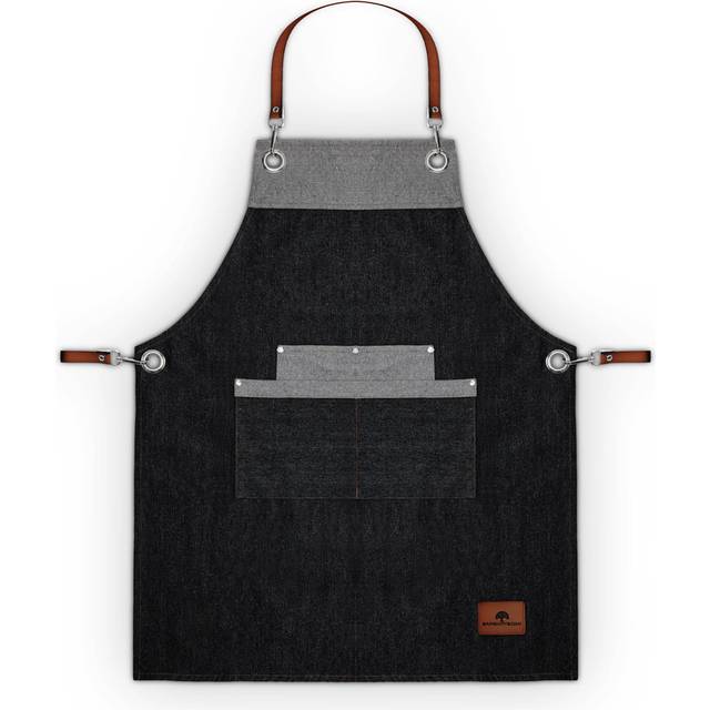 Belfry Kitchen Denim Apron with Leather Details, Adjustable Straps, 4 Pockets, Blue (Adult)