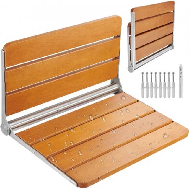 VEVOR Folding Teak Shower Seat, 20.9 x 16&#039;&#039; Unfolded, Wall Mounted Fold Up Shower Bench with 500 lbs Load Capacity, Space Saving Home Care Fold Down Shower Chair, for Seniors Pregnant Women Children