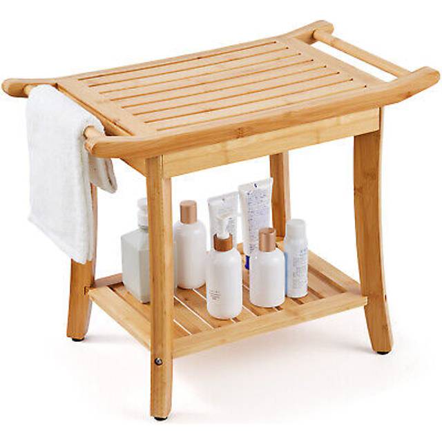 Bamboo Shower Bench, 24 x 13.8 x 18.9 in, Waterproof Shower Stool Chair with Storage Shelf Handle, 300 lbs Load Capacity Spa Bath Seat Organizer, for