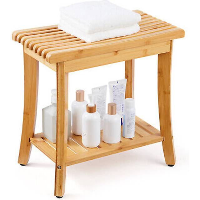 Bamboo Shower Bench, 19.1 x 11.3 x 18.3 in, Waterproof Shower Stool Chair with Storage Shelf, 330lbs Load Capacity Spa Bath Seat Organizer, for