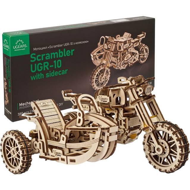 UGears Scrambler UGR-10 Motor Bike with Sidecar Wooden Model Kit - Black
