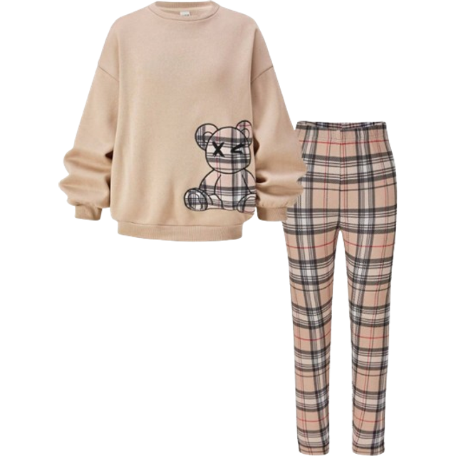 SHEIN Tween Girls&#39; Casual Sports Fashion Teddy Bear Embroidery Loose Drop Shoulder Crew Neck Hoodie And Plaid Skinny Leggings Set, Khaki