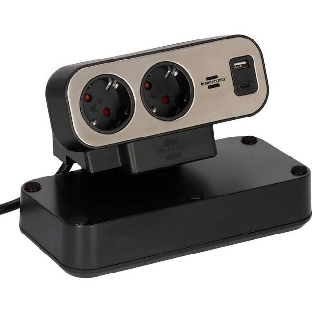 brennenstuhl®estilo Duplex grenuttag med strömbrytare och överspänningsskydd (förlängningssladd med USB C Power Delivery, 1x USB C och 1x USB A, 9x skyddande kontaktuttag, 2m) silver/svart