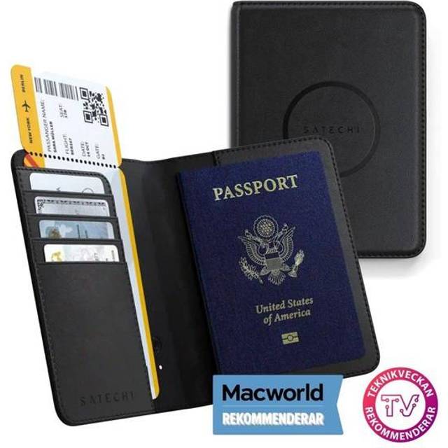 Satechi Passfodral för resor med Hitta min, passfodral med 4 korthållare, trådlös laddning och RFID-skydd – Travel Essential Vegan Läder Passfodral, Svart, en storlek