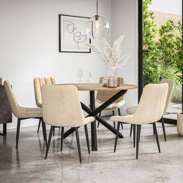 Metro Malvern Round Dining Table And Chairs - Table Top w Legs + Nova Velvet Dining Chair Set Of 6 Tan/Black/Beige 6