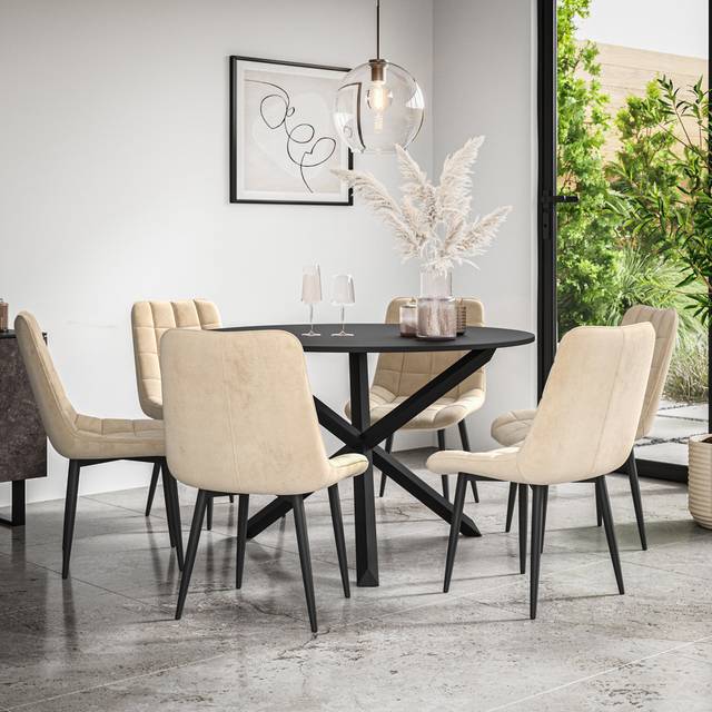 Metro Malvern Round Dining Table And Chairs - Table Top w Legs + Nova Velvet Dining Chair Set Of 6 Black/Black/Beige 6