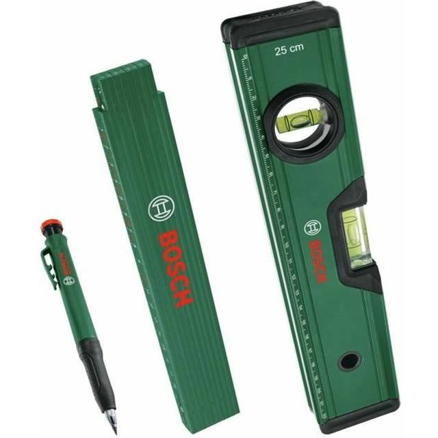 Marking Set (Precise Alignment and Marking with Spirit Level 25cm, Folding Ruler 2m and Deep Hole Marker Pencil)