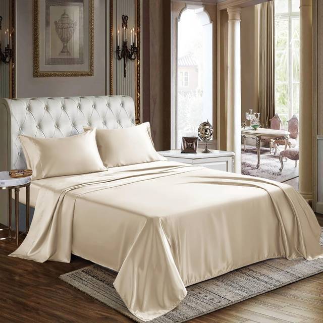 CozyLux Satin Sheets Full Size - 4 Piece Champagne Bed Sheet Set with Silky Microfiber  1 Deep Pocket Fitted Sheet  1 Flat Sheet  and 2 Pillowcases -