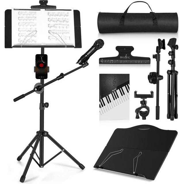 Music Stand  Vangoa Folding Sheet Music Stand with Detachable Microphone Stand & Phone Holder  Portable Lightweight with Music Sheet Clip Holder & Car