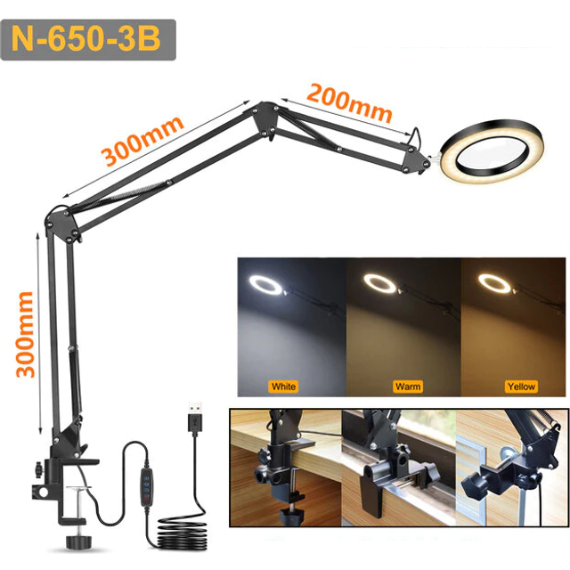 (Black) Flexible Desk Large 5X USB LED Magnifying Glass 3 Colors Illuminated Magnifier Lamp Loupe Reading/Rework/Soldering