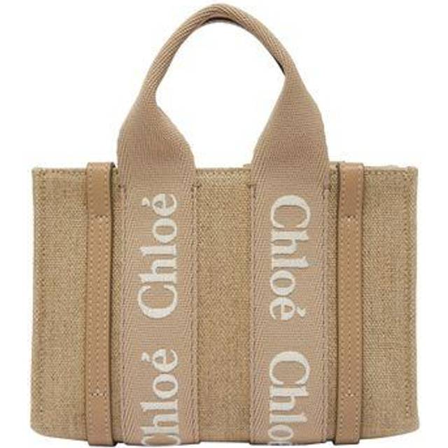 CHLOÉ Mini Woody tote bag in linen & leather Brown Size OneSize 100% Linen