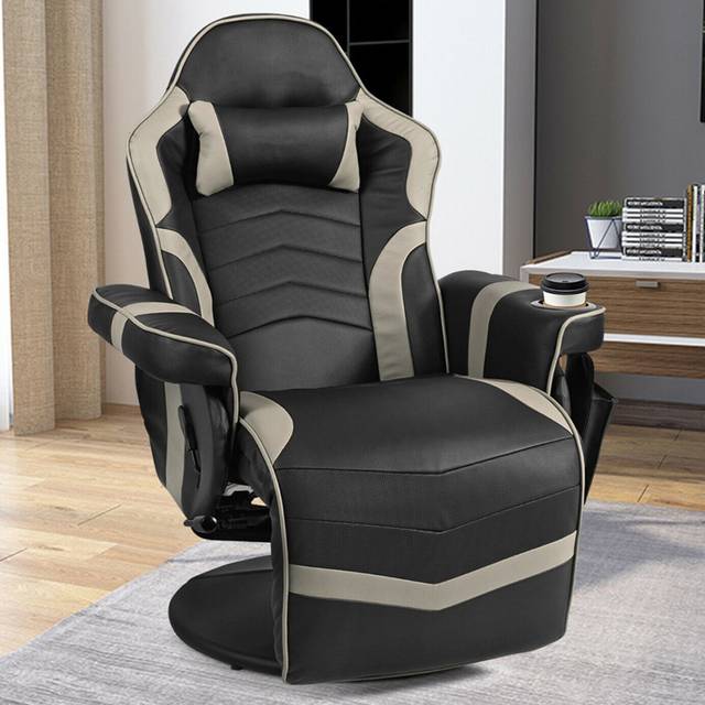 Electric Massage Gaming Chair with Cup Holder and Side Pouch-Grey