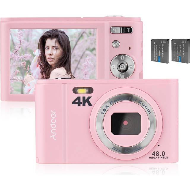 Andoer Portable Digital Camera 48MP 4K 2.8-inch IPS Screen 16X Zoom Self-Timer 128GB Extended Without Memory Card pink