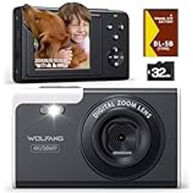 WOLFANG Digital Camera, 4K Kids Camera for Photography, 56MP Compact Vlogging Camera, 16X Digital Zoom Video Camera, Auto Focus Point and Shoot