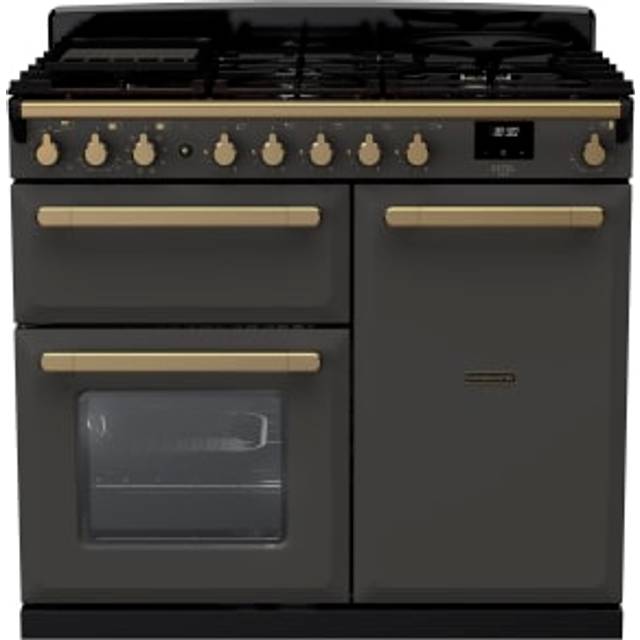 Rangemaster Estel Deluxe ESDL100DFPSLT/AB1 100cm Dual Fuel Range Cooker with Gas Hob - Slate / Antique Brass - A/A Rated