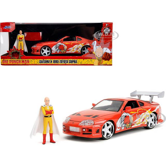 1995 Toyota Supra Red with Graphics and Saitama Diecast Figure &#34;One Punch Man&#34; (2015-2019) TV Series 1/24 Diecast Model by Jada