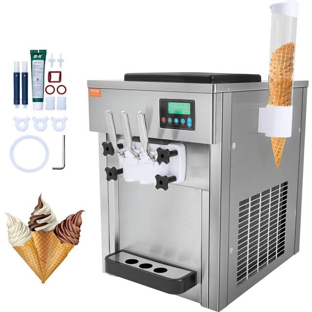 VEVOR Kommerzielle Eismaschine, 1800 W, 3-Geschmacksrichtungen, Softeismaschine Arbeitsplatte, 2 x 4 L Trichter, 2 x 1,8 L Zylinder, LCD-Bildschirm, Automatische Reinigung, Vork&#xFC;hlung