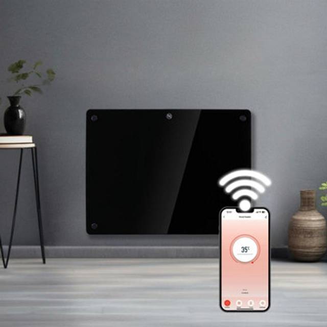 Futura 1000W Black Glass Electric Panel Heater Wifi Wall Mounted, Black