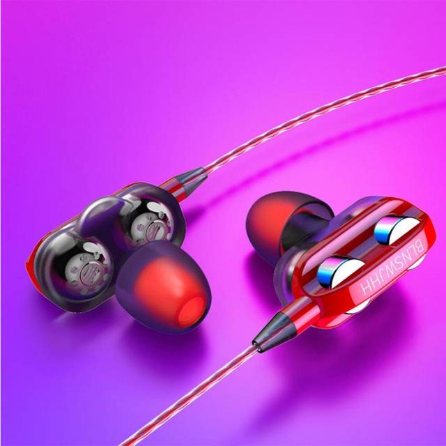 (red) VAORLO Dual Driver Earphone Wire volume With microphone Hifi Stereo Music Earbuds for iPhone Samsung Huawei xiaomi Headset