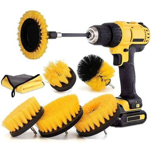 (Yellow) 8pcs Cleaning Drill Brush Set Power Scrubber Cleaning Brush Kit with Extension Rod for Car Kitchen Grill Tile Toilet Bathroom