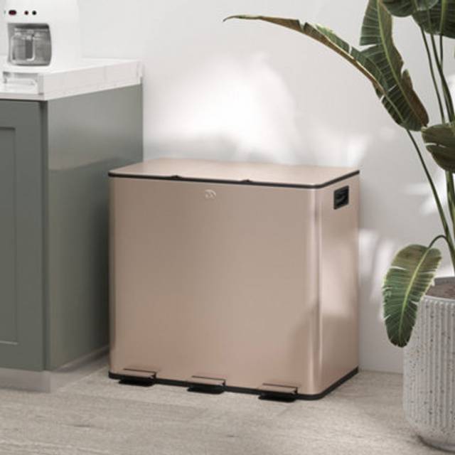 HOMCOM 3 x 15L Triple Kitchen Bin Pedal Bin for Recycling and Waste, Gold Tone, Clear