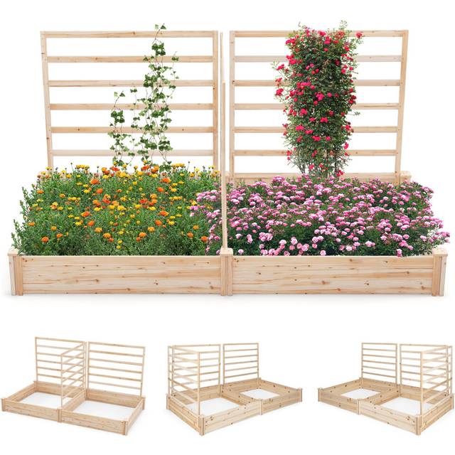Wooden Raised Garden Bed Outdoor Planter Box w/ Trellis Bottomless