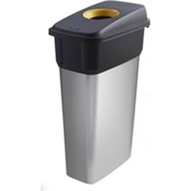 Slim Bin; Hole Lid 70L Silver Body Black/Yellow Lid Metal Look Plastic