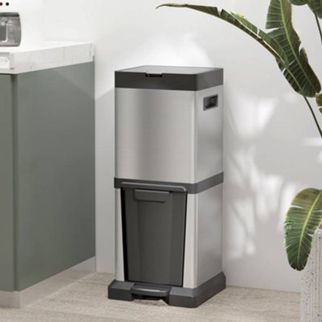 HOMCOM 20+14L Double Kitchen Bin - Pedal Bin with Soft-Close Lid - Silver | TJ Hughes