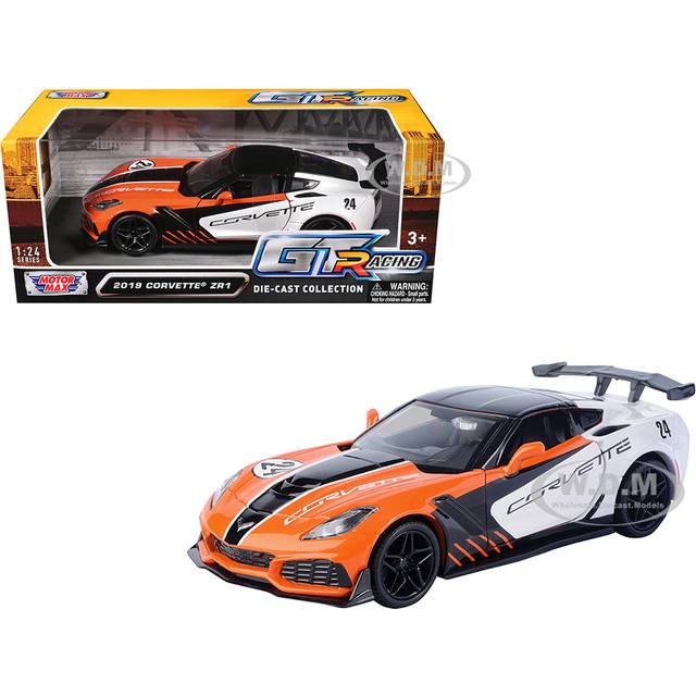 2019 Chevrolet Corvette ZR1 24 Orange and White with Black Graphics "GT Racing" Series 1/24 Diecast Model Car by Motormax