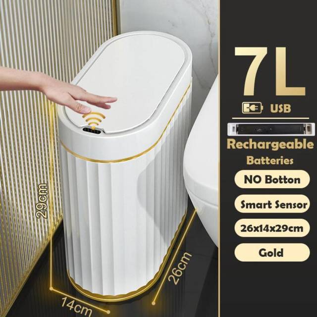 (as the picture, 7L Gold Charge) Wastebasket Narrow Smart Dump Bathroom Trash Bin Toilet Garbage Bucket Dustbin Automatic Sensor Trash Can Kitchen Acc