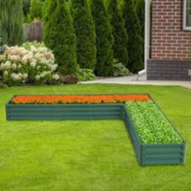 Livingandhome - Dark Green L-Shaped Galvanized Steel Raised Garden Bed