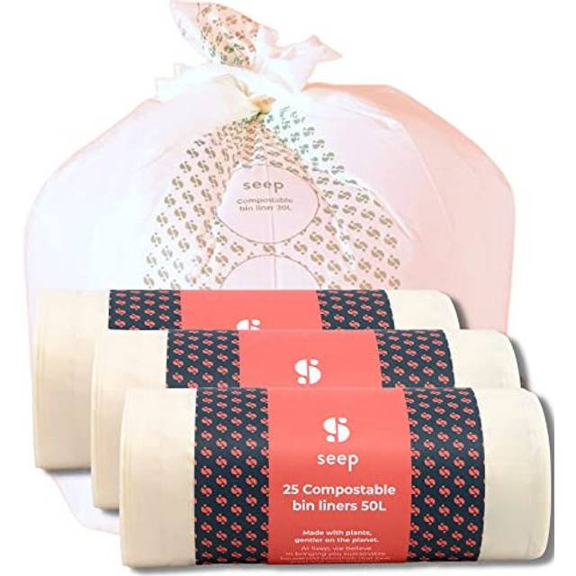 SEEP Compostable 50 Litre Bin Bags - 50L Eco Friendly Bin Liners - Large Kitchen Bin Bags - 50L Biodegradable Clear Bin Bags - 75 Bags | 3 x Rolls